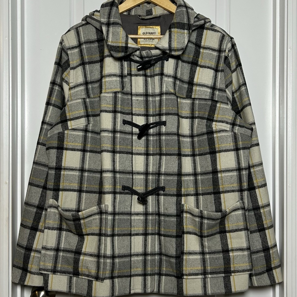Old Navy Wool Blend Gray White Yellow Plaid Print Hooded Toggle Button Jacket